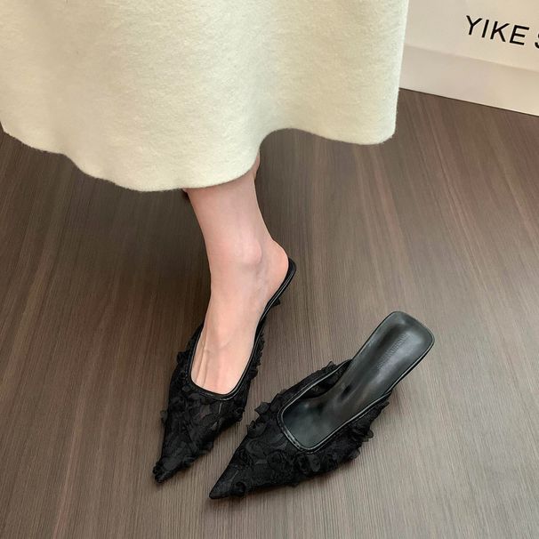 Gentle Style Pointed Toe Closed-toe Stiletto Mules Women, Spring 2025 Summer Hot-selling Mesh Floral High-heeled Sandals_vogvips.com