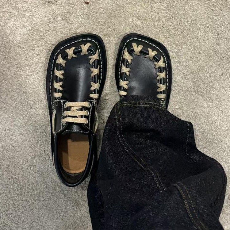 Designe RParis Retro Flat Sandal Square Toe Loafers Women's Pebble Sole English-Style Leather Shoes_vogvips.com