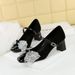 One-line Mary Jane with rhinestone buckle square toe chunky heels with sequin bow kitten heels_vogvips.com