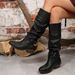 Women's Pleated Retro High Top Boots Metal Buckle Plus Size Slip On Mid Heel Slouch Boots Winter New Style_vogvips.com