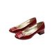 Women's French Classic Red Shoes Square Buckle Chunky Heel Shallow Mouth Round Toe Design Comfortable For Weddings_vogvips.com