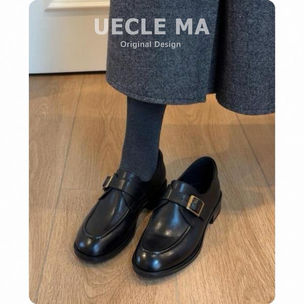 Belt Buckle Thick Heel Round Head Loafers One Pedal Commuter Loafers Women's Single Shoes._vogvips.com