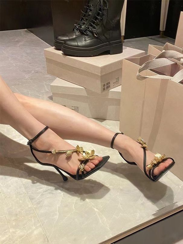New Style Summer Gold Flower Single Shoes One-Strap Sexy Open-Toe Design Square Toe Stiletto High Heel Sandals For_vogvips.com