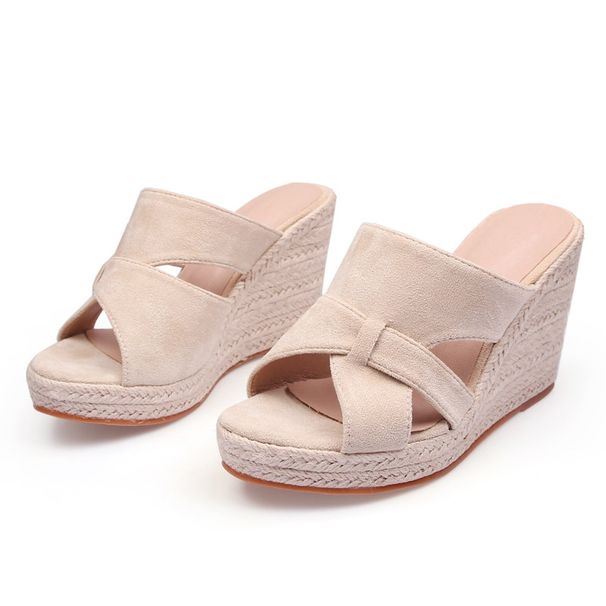 Korean Style Platform Sandals With Open Toe & Chunky Heel - Breathable Linen-Wrapped Sole For Summer - Black & Beige_vogvips.com