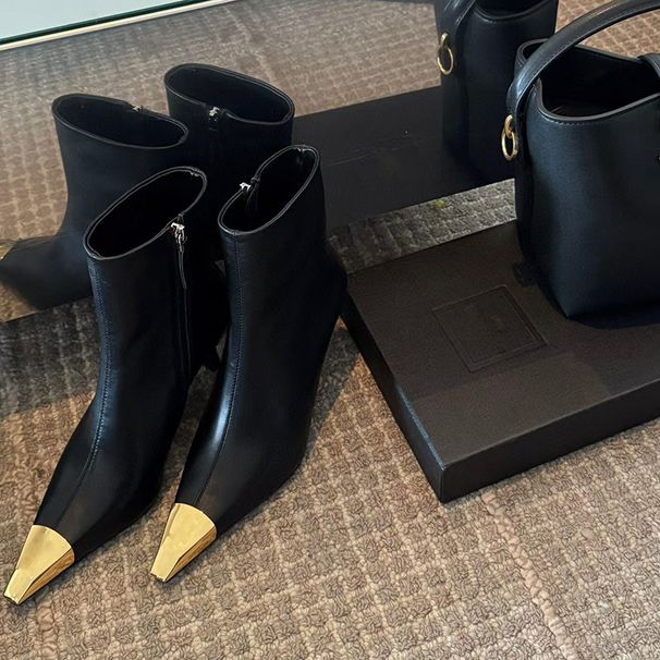 Metal Small Square Head Thin Heel High Heel Short Shoes Versatile Fashionable Comfortable Side Zipper Short Boots Women_vogvips.com