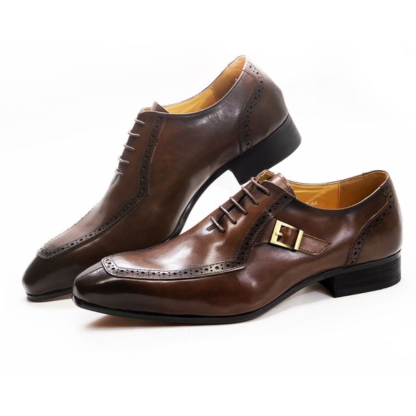 Men's Luxury Leather Dress Shoes Brown/Black Office Business Wedding Formal Lace-Up Pointed Toe Oxford With Buckle_vogvips.com