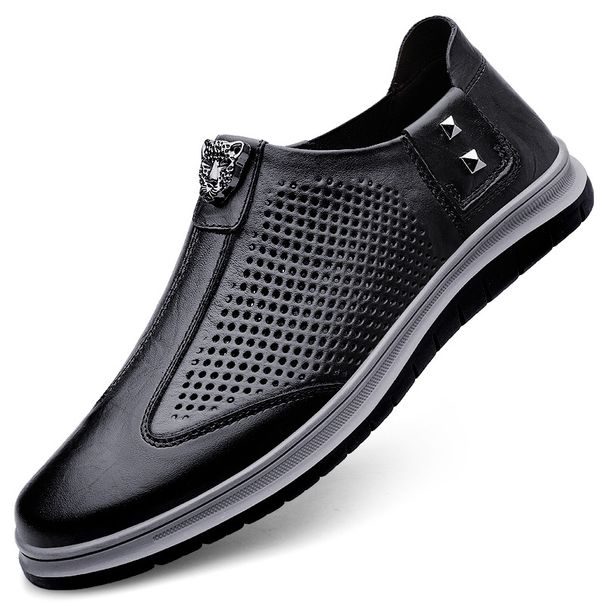 Men's Shoes Hole Hole Breathable Hand Scratch Business Casual Leather Shoes Soft Sole Soft Surface Board Shoes Driving Shoes Doudou Shoes_vogvips.com