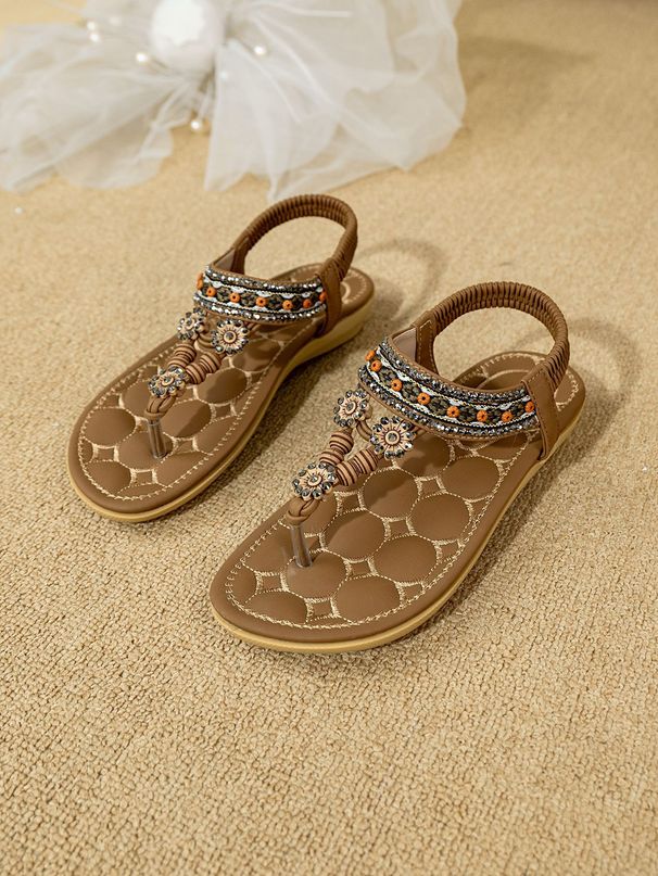 Women's Bohemian Flat Sandals Rhinestone Embellished Round Toe Open Toe European Style Flower_vogvips.com