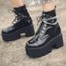 Women's Punk Style Chunky Heel Ankle Boots With Metal Chains, Waterproof & Slip-Resistant, Round Toe Platform Boots Patent Leather_vogvips.com