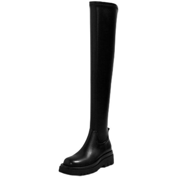 Women's Knee High Boots With Thick Sole, Stretchable Round Toe Chunky Heel Boots For Winter, Comfortable PU Leather Riding Boots_vogvips.com
