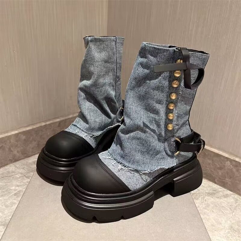 P9/Martin Boots For Women, Denim Short Boots, Rivets, Hot Girl Style Two-piece Boots, Thick Soles, Heightening Boots For Small People, Women_vogvips.com