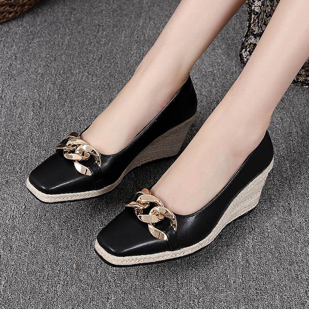Women’s Shoes Spring And Autumn New Straw Wedge Shoes Women's Retro Square Head Buckle High Heel Shallow Mouth Shoes Rope_vogvips.com