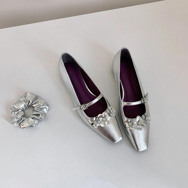 Sheepskin Version High Heeled Flat Slip On Ballet Shoes For Women With Square Toe And Shallow Mouth, One Piece Buckle And Flower Shoes_vogvips.com