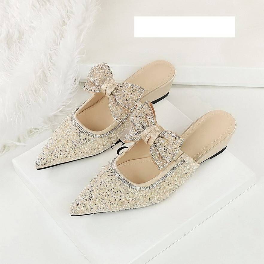 Women's Elegant Bow Pearl Rhinestone Slip-On Mules - Pointed Toe Casual Shoes For Women, Comfortable & Stylish, Sizes 35-39 Slip On Slippers For Women_vogvips.com