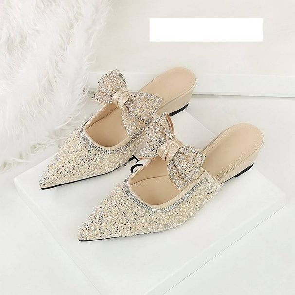 Women's Elegant Bow Pearl Rhinestone Slip-On Mules - Pointed Toe Casual Shoes For Women, Comfortable & Stylish, Sizes 35-39 Slip On Slippers For Women_vogvips.com