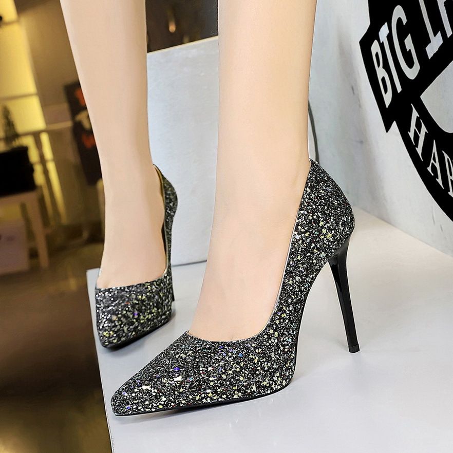 High-heeled, stiletto, high-heel, waterproof platform, shallow-cut, pointy, sequined single-shoe for women_vogvips.com