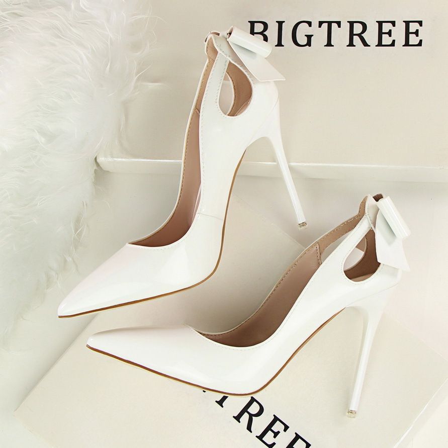3168-8 Korean Style Sexy Slimming High Stiletto Heels Shallow Mouth Pointed Toe Patent Leather Hollow Back Bowknot_vogvips.com