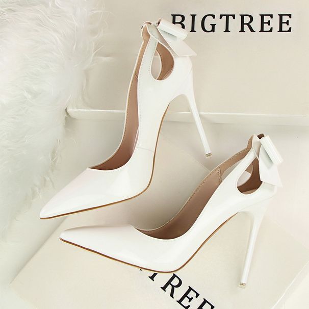 3168-8 Korean Style Sexy Slimming High Stiletto Heels Shallow Mouth Pointed Toe Patent Leather Hollow Back Bowknot_vogvips.com