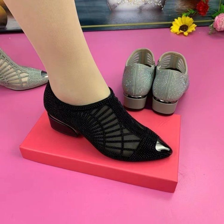 Fashion Hot Diamond Mesh Shoes Pointed Thick Heel Hollow Zipper Rhinestone Women's Sandals Comfortable Breathable Low Heel Shoes Women_vogvips.com