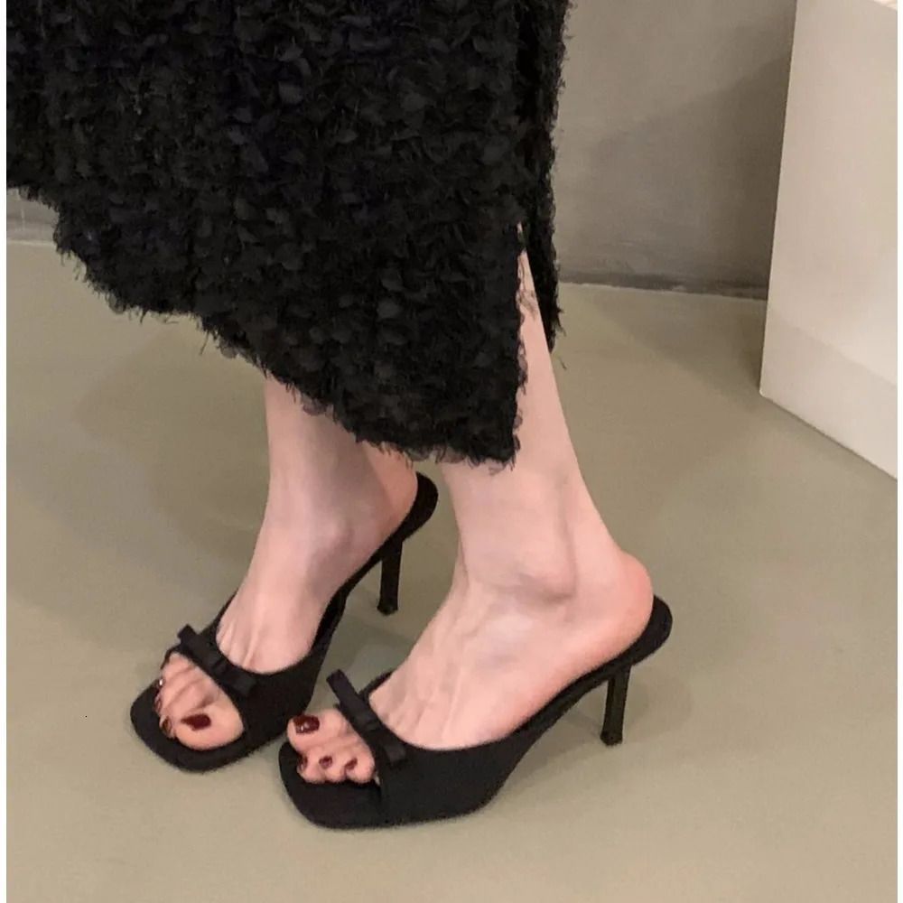 Womens Slipper Mules Low High Heels Shoes Summer Street Look Females Square Head Open Toe Bow Strappy Sandals 250407_vogvips.com