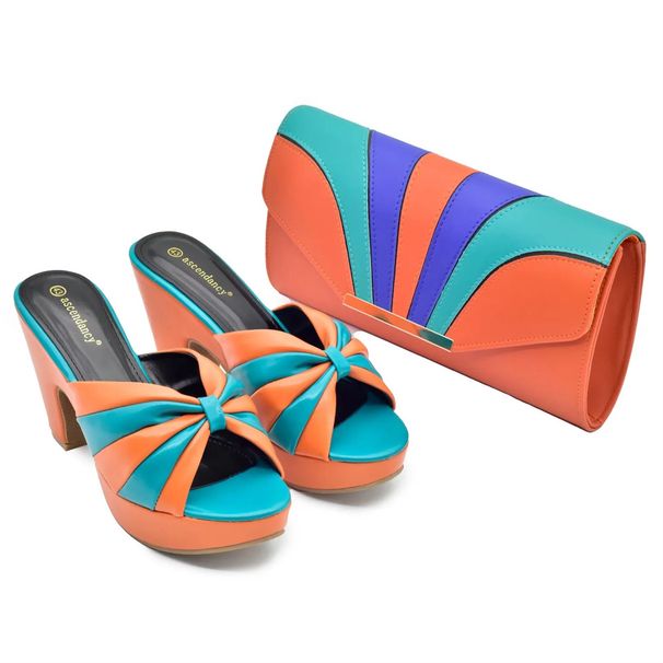 Spliced color high-heeled sandals and bag set banquet party design_vogvips.com