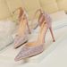 Sweet Korean Style Heels Thin High Heel Shallow Mouth Pointed Toe Hollow Strap Shiny Rhinestone Women's Sandals P_vogvips.com