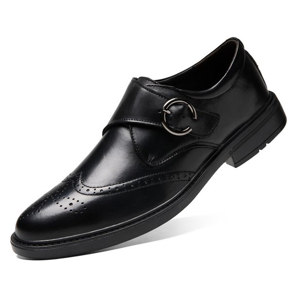 Euro Step Autumn British Style Cowhide Business Formal Men's Pointed Leather Brogue Carved Strap Monk Shoes_vogvips.com