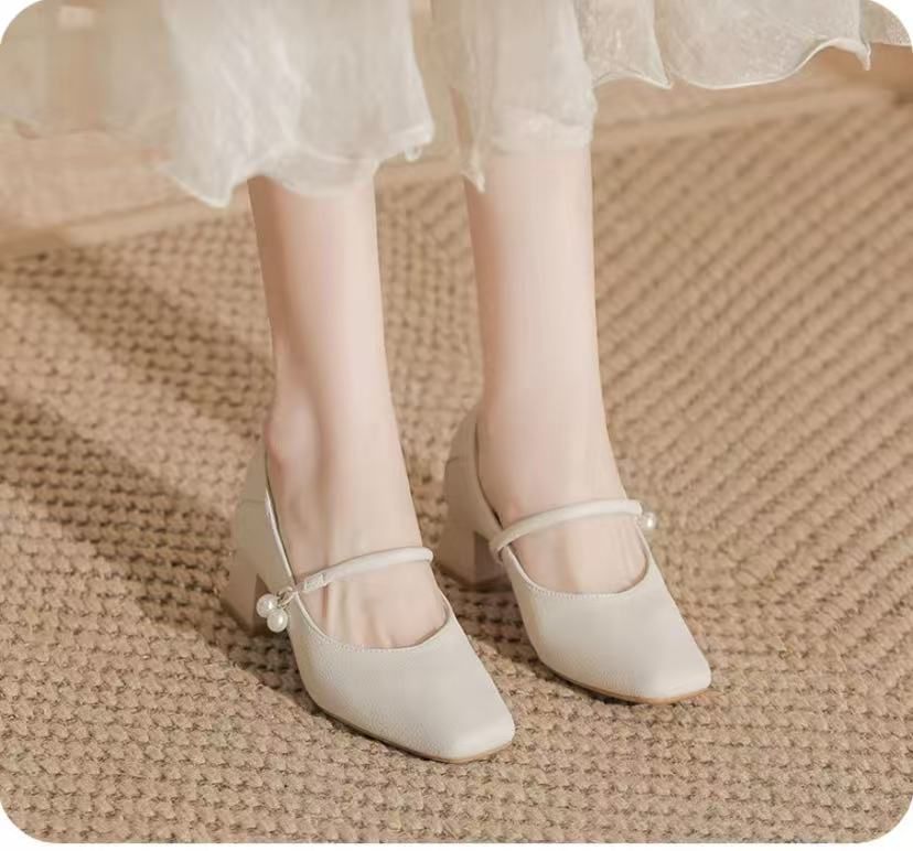 Super Soft Leather French Gentle Low Heel Square Toe Apricot Mary Jane Shoes Cheongsam Single Shoes Work Leather Shoes Commuting Women's Shoes_vogvips.com