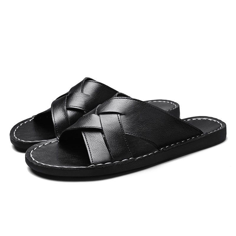 Handmade Leather Slippers For 2025 New Beach Summer Walking Shoes Slip On Light Male Flats Men Flip-flops Outdoor Half_vogvips.com