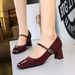 5296 Style Women's Shoes Thick Mid Heel, Shallow Mouth, Square Toe, Spliced With A Straight Line And Rhinestone Buckle,_vogvips.com