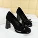 Korean version of square head waterproof platform high heels suede bow decoration women's shoes shallow mouth high heel shoes_vogvips.com
