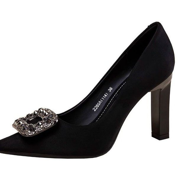 Women’s Shoes new French style high end square toe shallow mouth high heels thick heels temperament medium heels rhinestone single shoes for women_vogvips.com