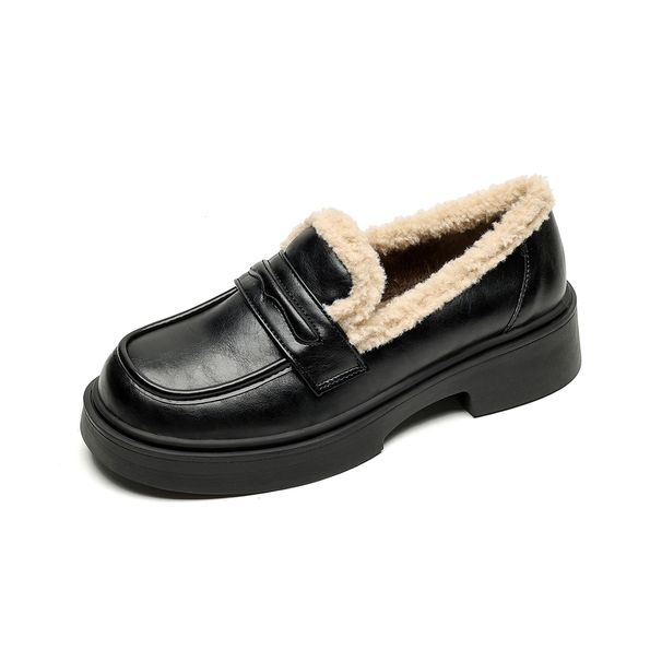 Fleece Loafers Women's Thick-soled Warm Black One-pedal Small Leather Shoes Thick-heeled Single Shoes Women_vogvips.com