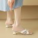Cameido Women's Mid-heeled Fashion Slippers For Outdoor Wear With Square Toes, Open Toes, Rhinestone Straps And Thick Heels_vogvips.com