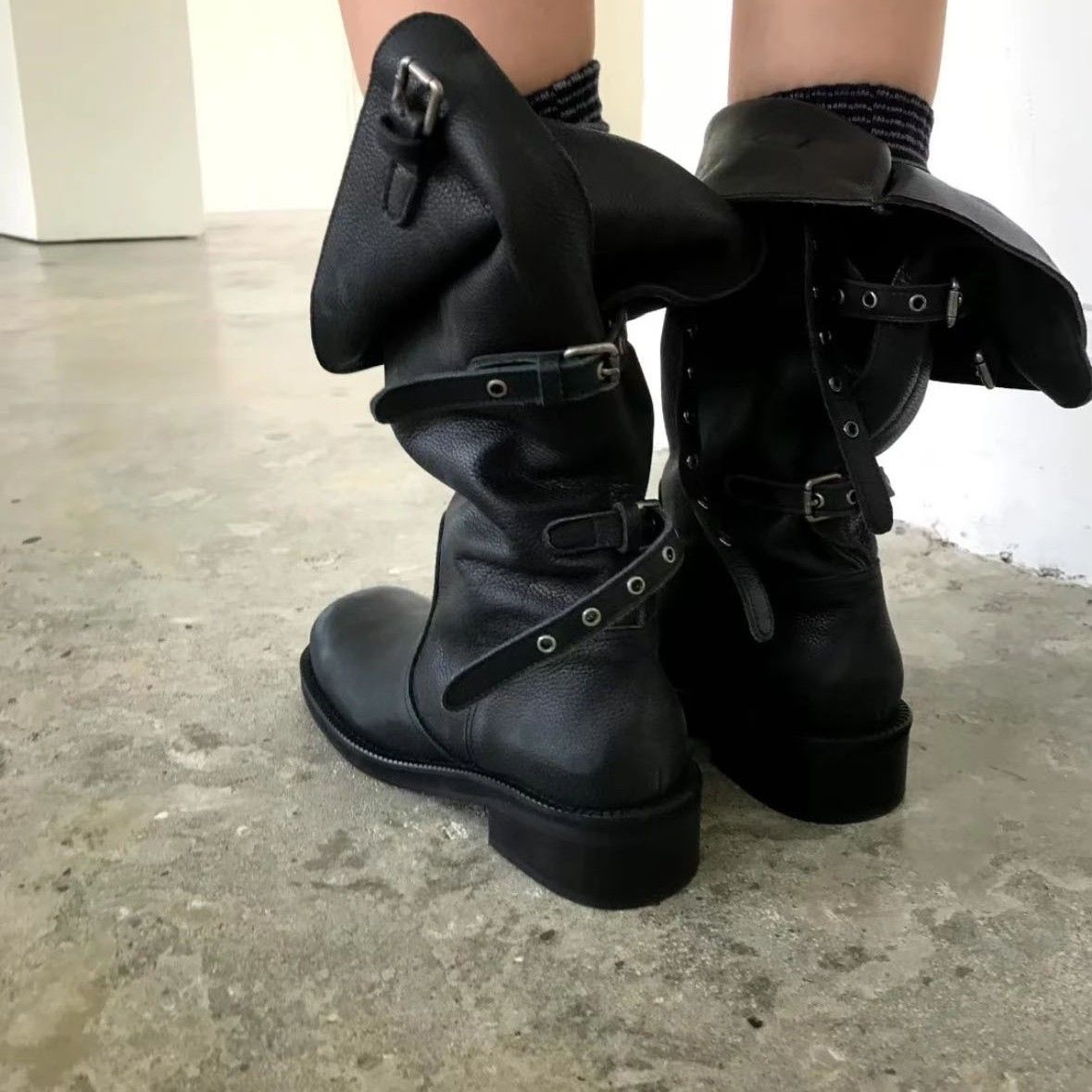 Designer Leather Flap Cover,two-way Wear,stackable Boots,women's,with Belt Buckle,motorcycle-style, Martin Boots, Mid-calf Length,western Cowboy Boots_vogvips.com