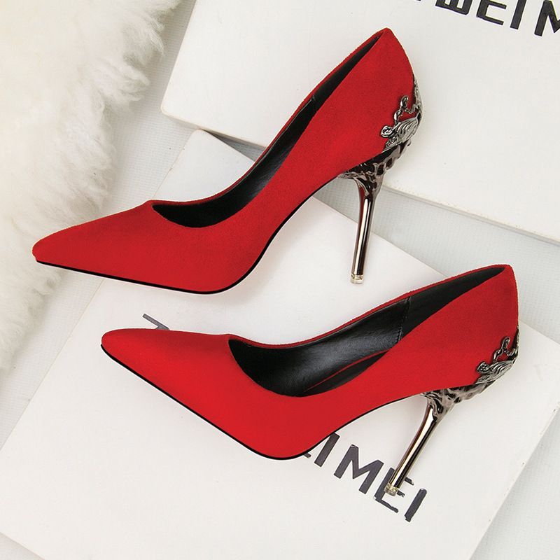 Pumps Pointed Toe Single Women S Wedding Red Bridal Shoes Metal Hollow Suede Stiletto High Heels_vogvips.com