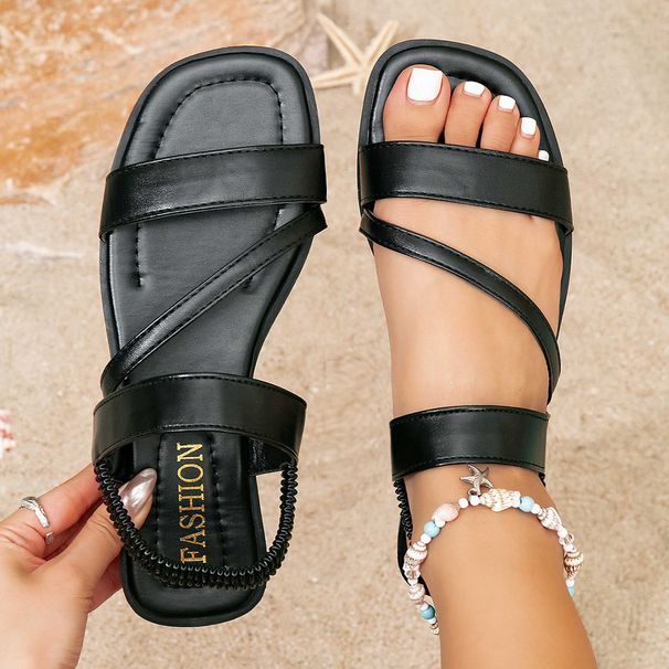 2026 New Arrival Black Women Square Toe Casual Flats Elastic Strap Comfortable Beach Shoes Fashion Female Sandals_vogvips.com