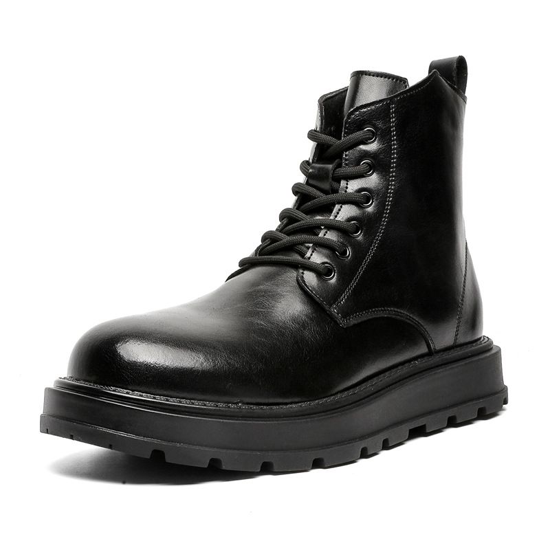 Retro Martin Boots Lace-up Locomotive Tooling Boots Thick-soled High-top Leather Shoes Black Short Boots_vogvips.com