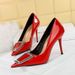 6122-8K66 European And American Style Banquet High Heels Women's Glossy Patent Leather Shallow Mouth Pointed Toe Metal_vogvips.com