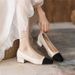 Soft Leather Color Matching Small Fragrant Style Thick Heel Square Head Single Shoes Women's Light Mouth Ladyshoes High Heels_vogvips.com