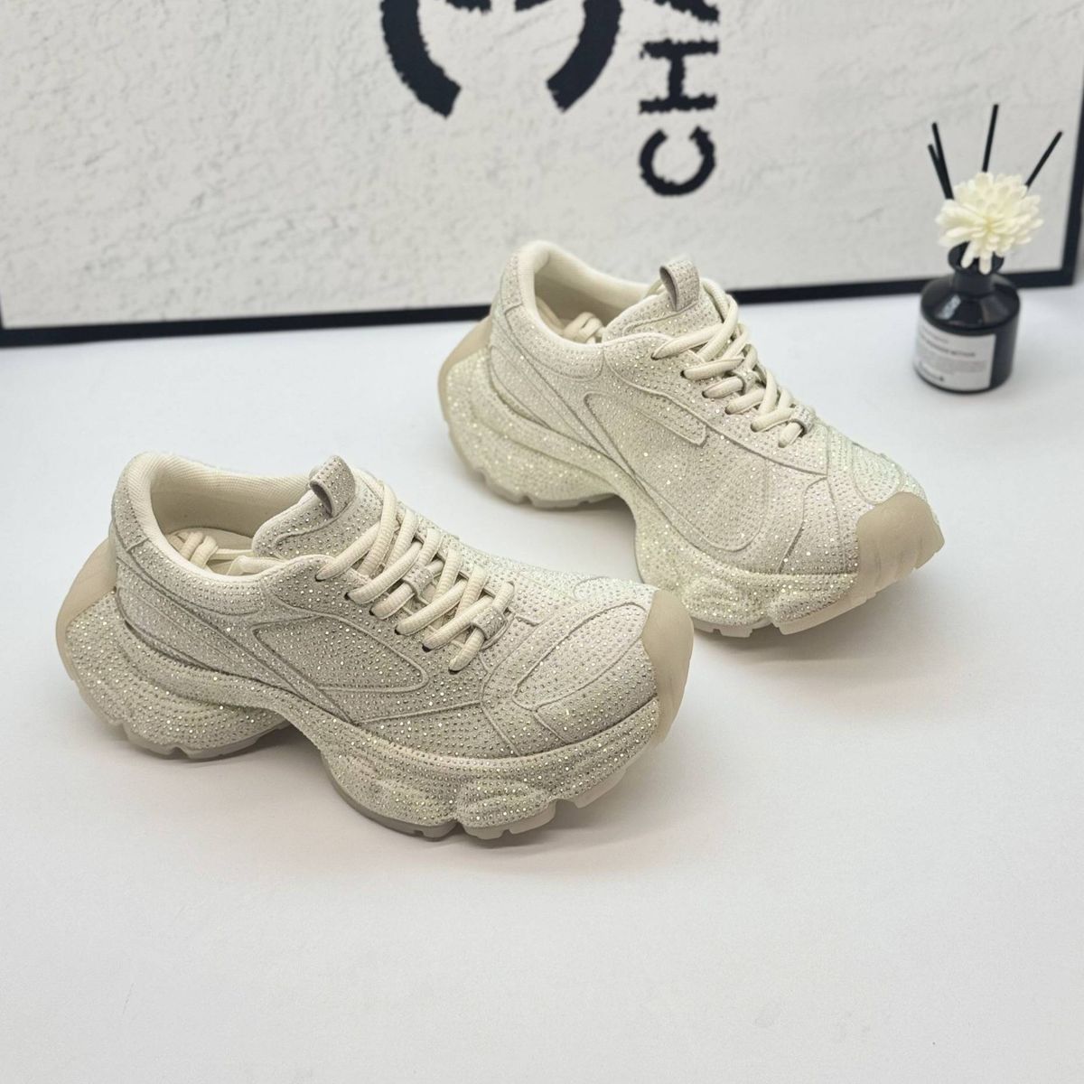 Chunky Sneakers With Rhinestones - Light Luxury Platform Shoes For Women, Breathable Mesh Lining, Round Toe, Casual Slip-On Shoes For All Seasons_vogvips.com