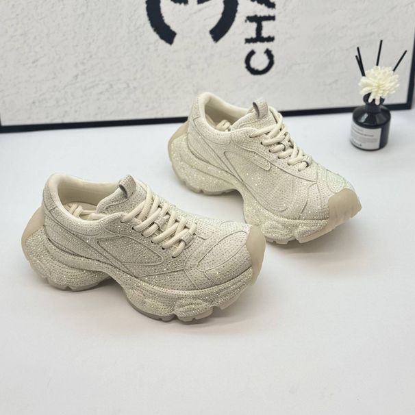 Chunky Sneakers With Rhinestones - Light Luxury Platform Shoes For Women, Breathable Mesh Lining, Round Toe, Casual Slip-On Shoes For All Seasons_vogvips.com