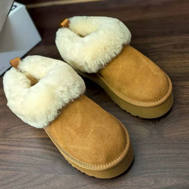 Autumn Women's Comfortable Fashion Thick-Soled Round-Toe Slip-On Casual Loafers For Petite Lazy People Furry Shoes_vogvips.com