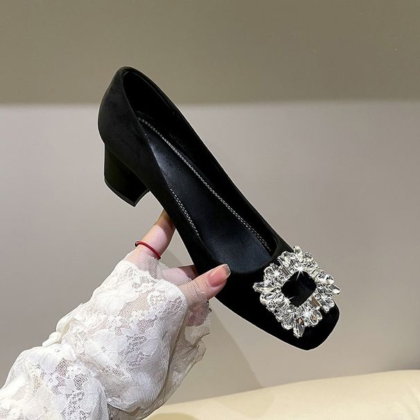 Black Suede High Heels For Women In Spring And Autumn 2025, Square Toe, Thick Heel, Shallow Mouth, Rhinestone, Professional French Single Shoes_vogvips.com