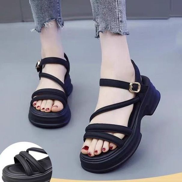 One-word Buckle Sandals Female Versatile Thick-soled Heightening Fashion Fairy Style With Skirt Muffin Shoes_vogvips.com