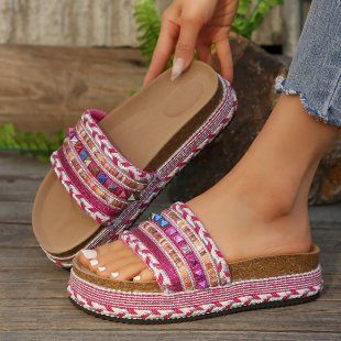 Ethnic Style Women's Platform Slippers With Rivets Rope Plus Size Cork Beach Slippers PU Upper European American Style_vogvips.com