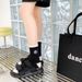Floral Embroidered Cotton Socks - Breathable Comfortable Casual Socks With Rose And Camellia Design, Black And White Striped, Mid-Calf Length_vogvips.com