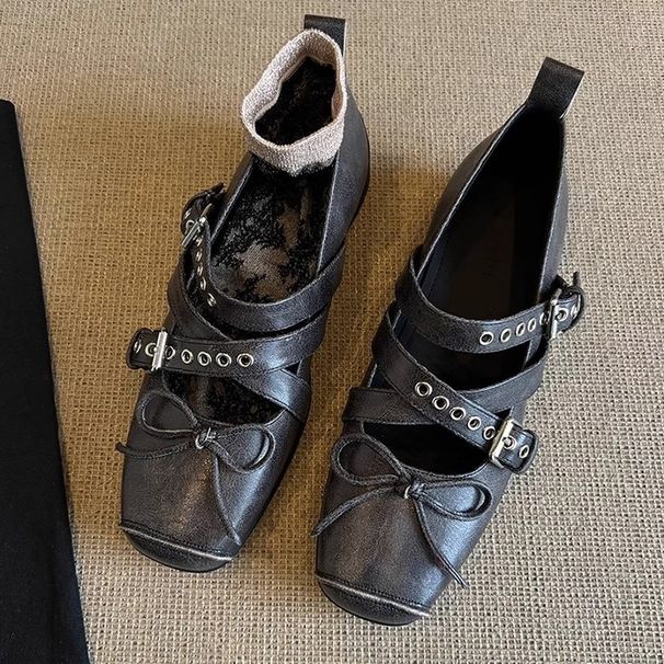 Sheepskin Version ~ 6cm Internal Height Increase, Square Toe, Bowknot, Sporty Ballet With Cross Straps, Shallow Mary_vogvips.com