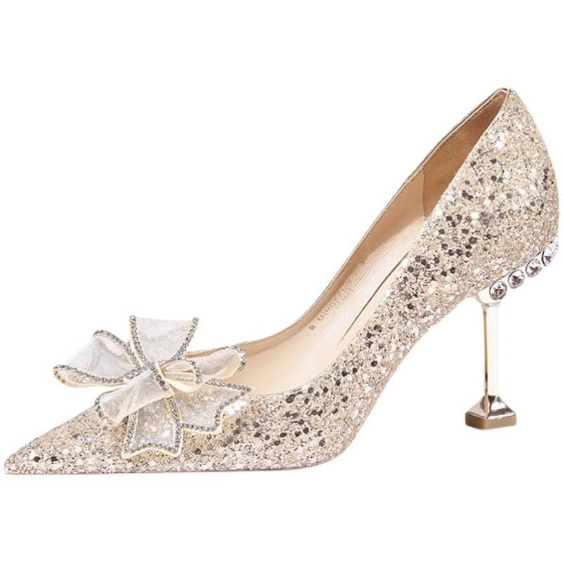 Elegant French Wedding Shoes For Bride Crystal Embellished High Heels With Comfortable Cushioning Pointed Toe Low_vogvips.com