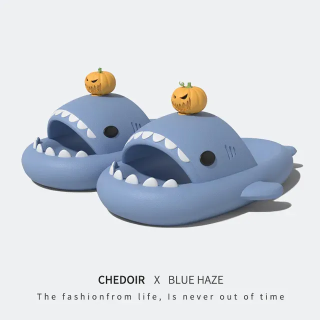 2024 Funny Halloween Pumpkin DIY Shark Slippers Women Men Indoor Bathroom Summer Platform Shoes 4Cm Thick Sole Couples_vogvips.com
